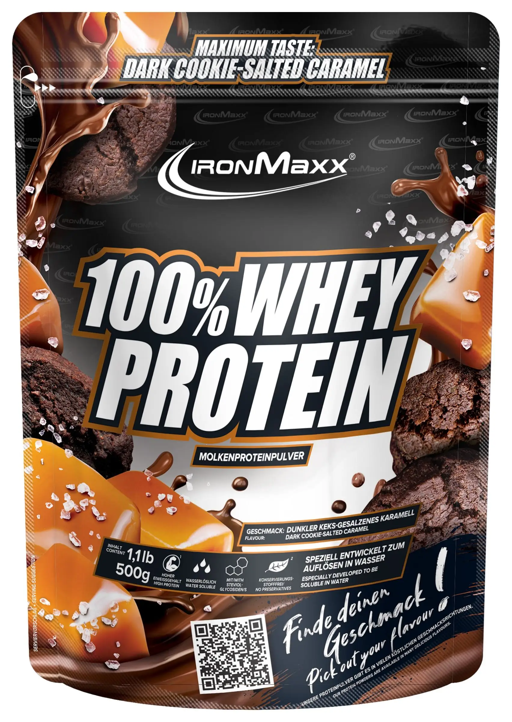 dark-cookie-salted-caramel.webp Ironmaxx 100% Whey Protein - 500g Bag - Image 1