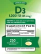 VITAMIN D3 1000 IU (25 MCG) 250 Quick Release Softgels - Image 2