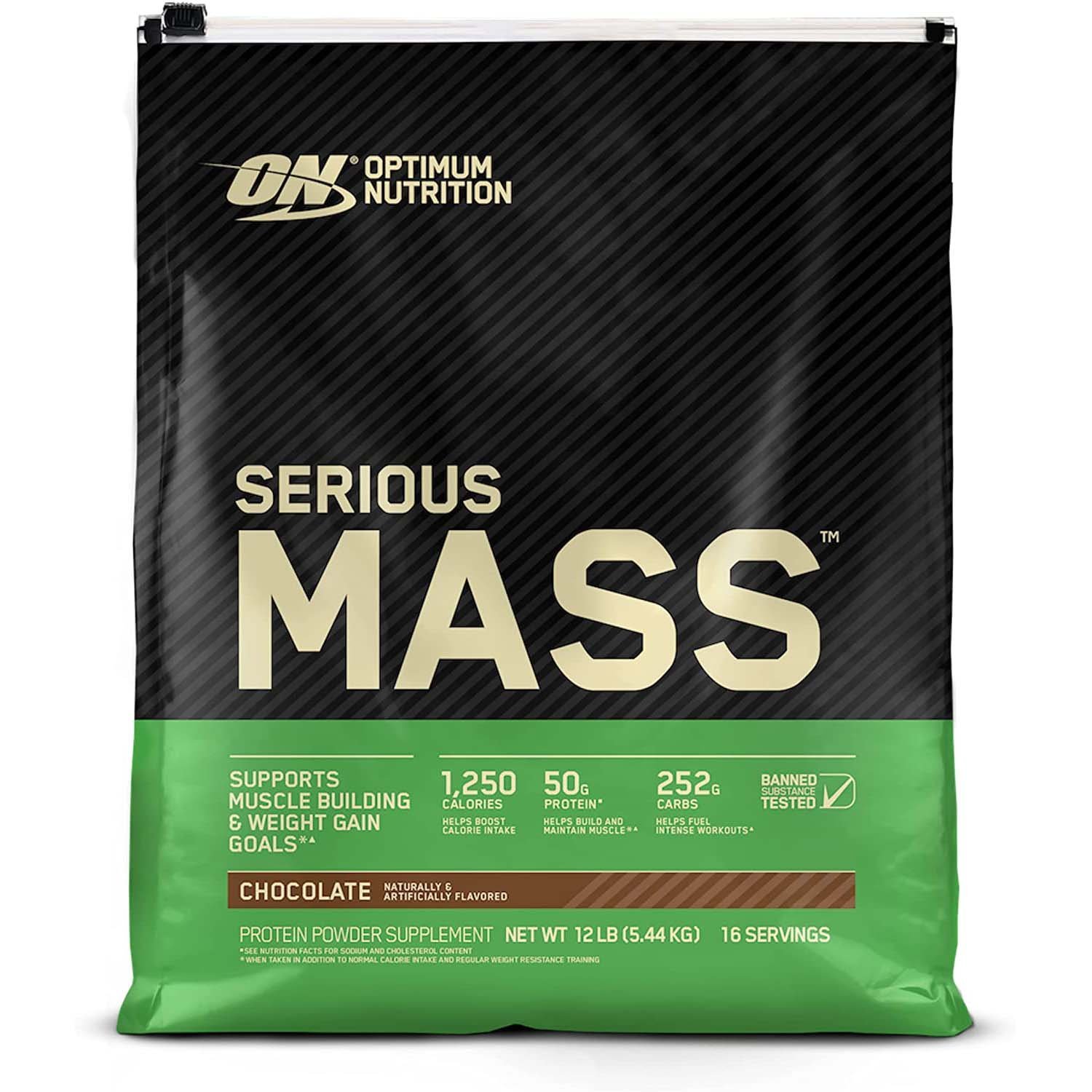 on-serious-MASS-chocolate.jpg Optimum Nutrition Serious Mass, Chocolate, 12 LB, 1,250 CALORIES, 50g Protein Blend - Image 1
